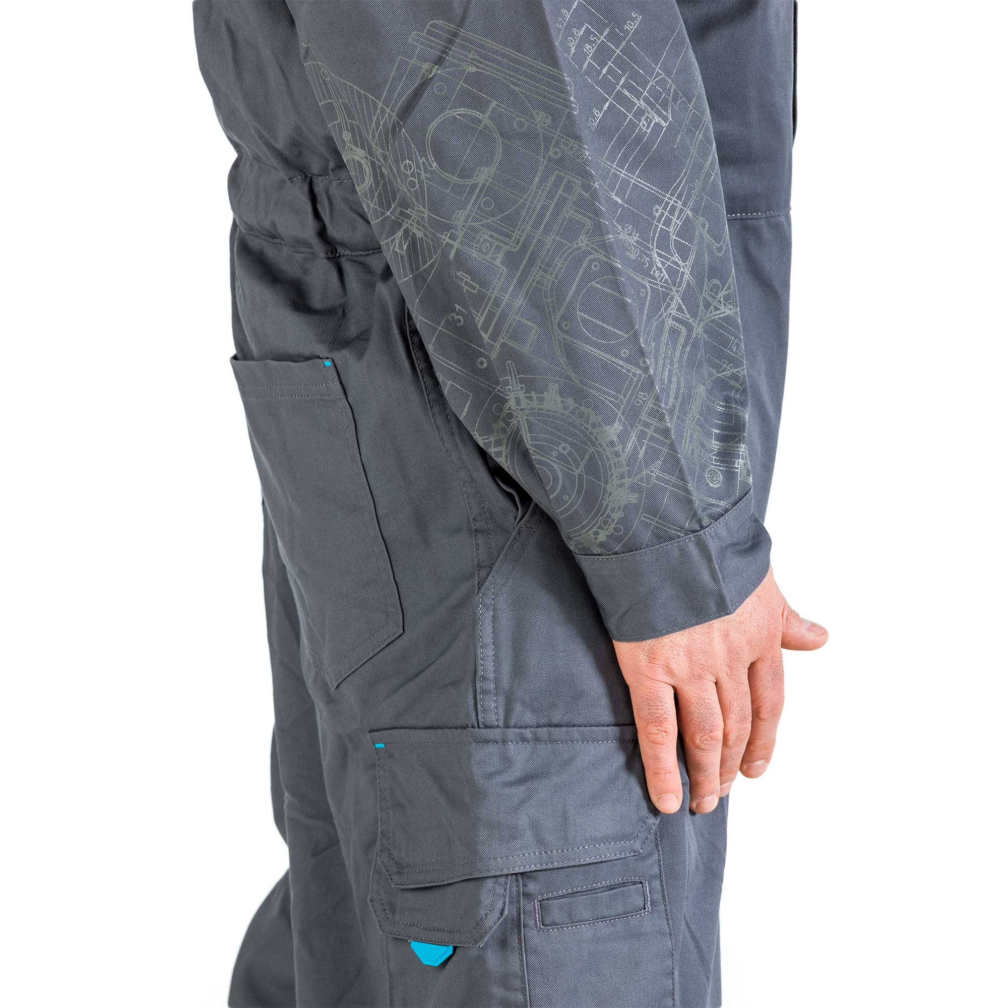 grey coverall with blueprint pattern