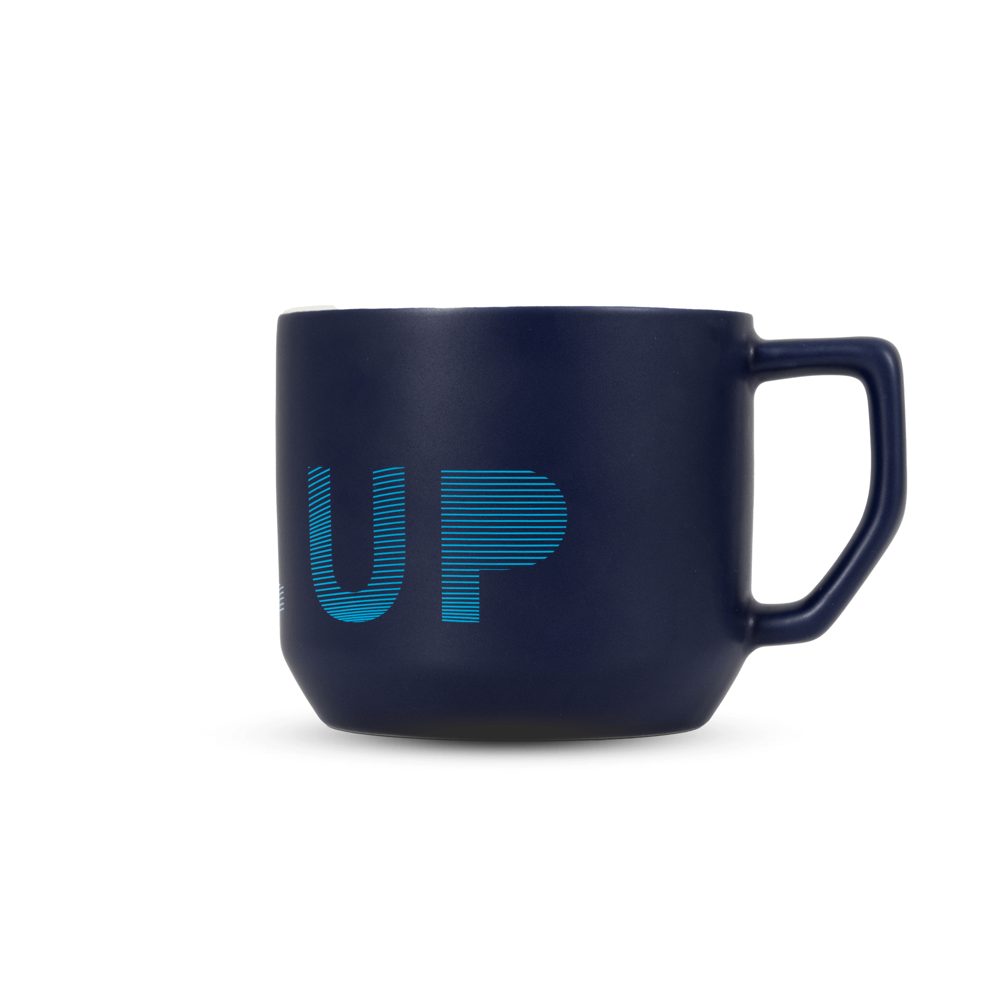 blue cheramic mug with atlas copco logo and text level up back