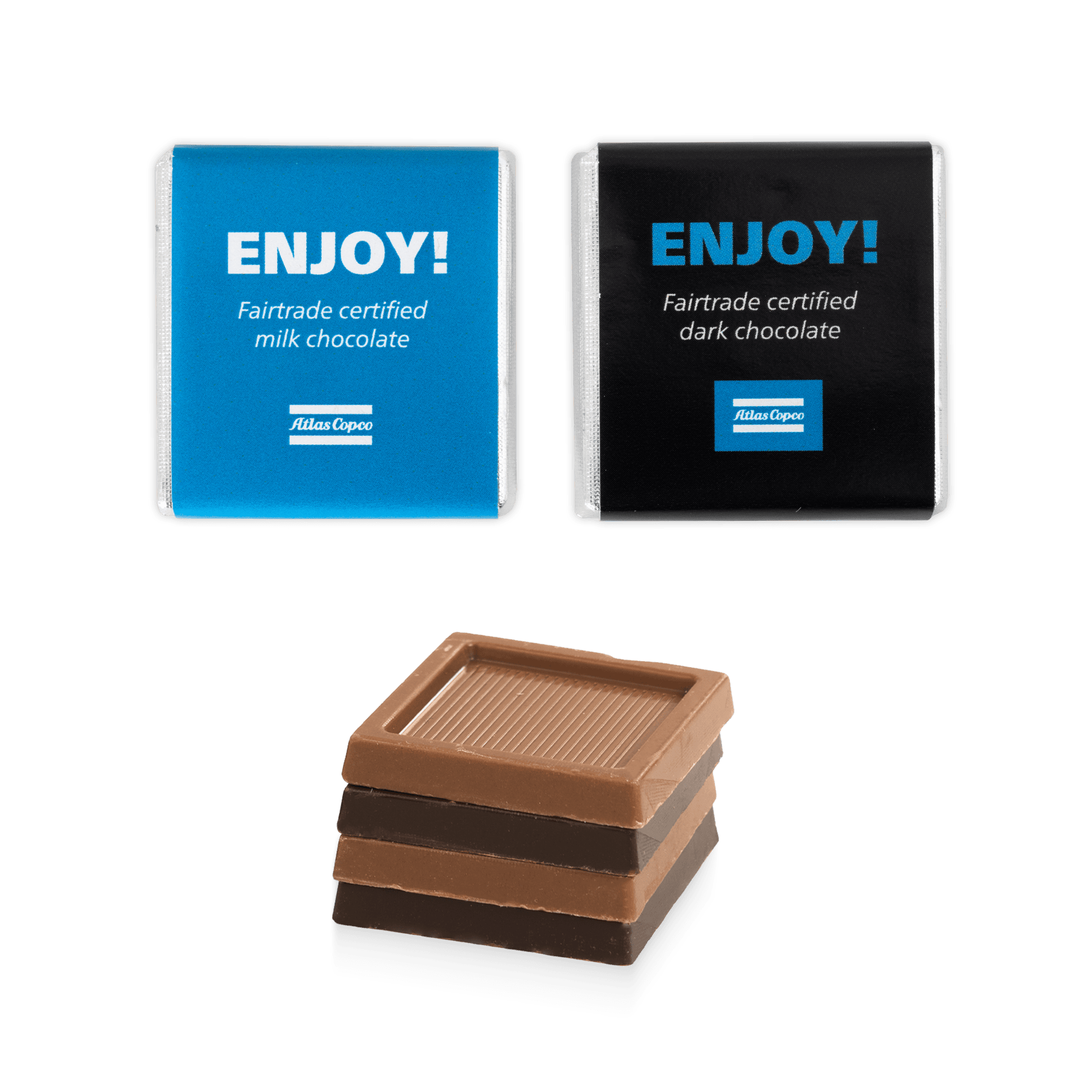Chocolate with atlas copco logo and enjoy text