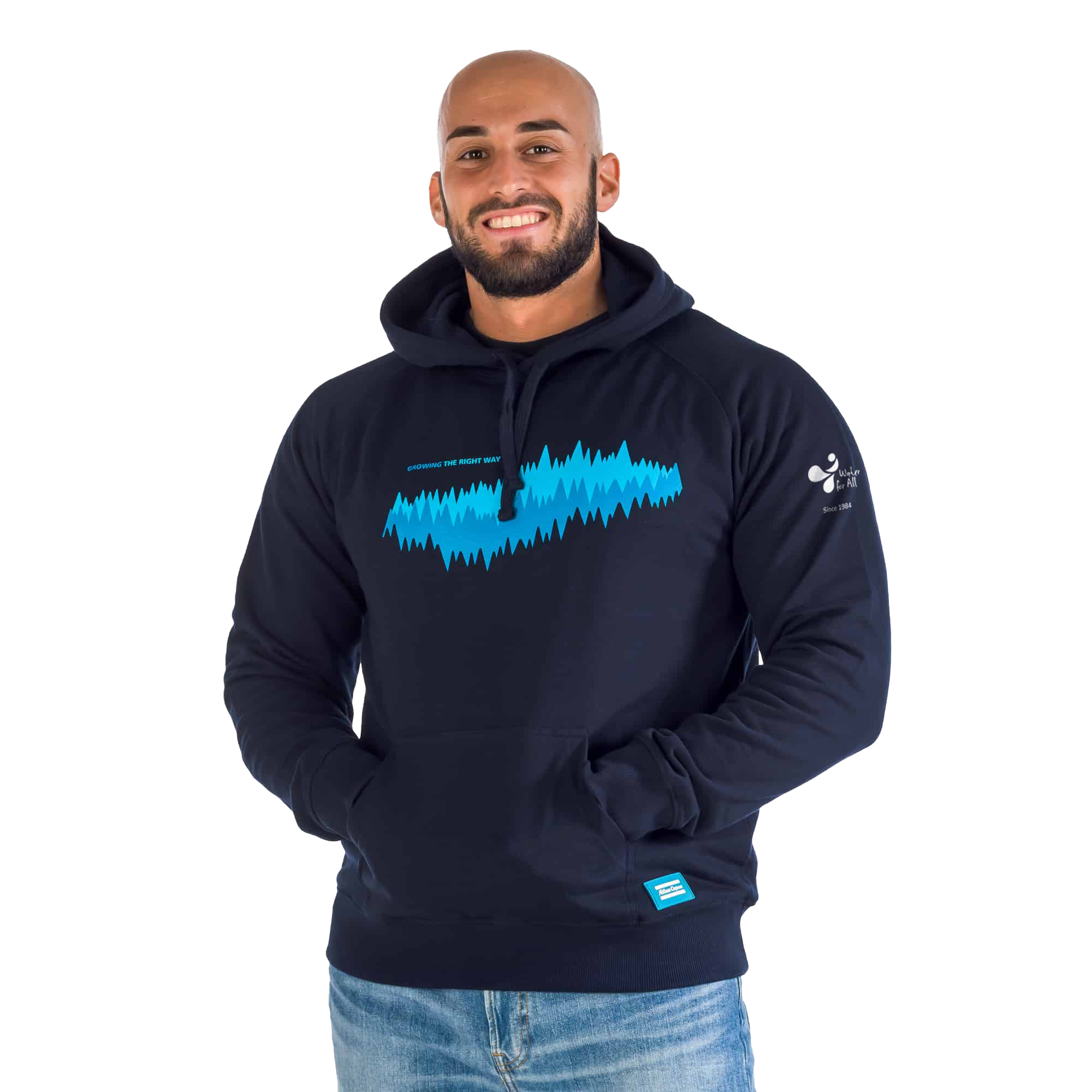 navy hoodie with gtrw pattern and atlas copco box logo