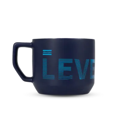 blue cheramic mug with atlas copco logo and text level up