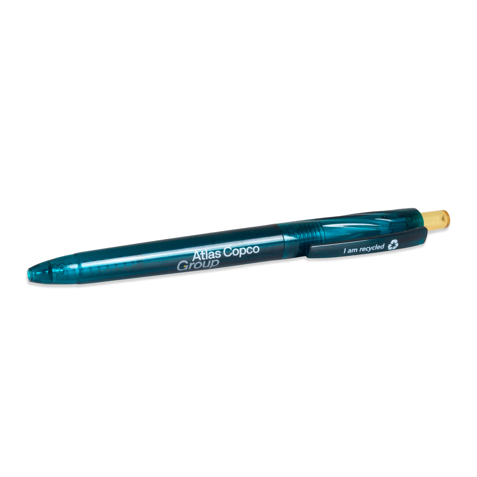 teal pen with atlas copco group logo in white