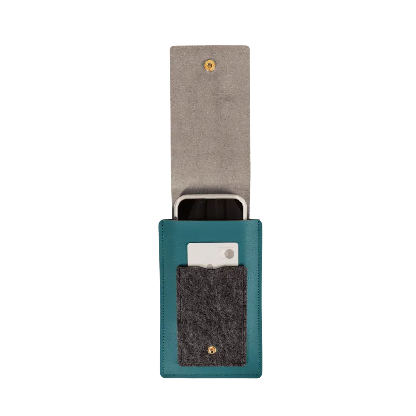 teal pouch opened with cards and phones
