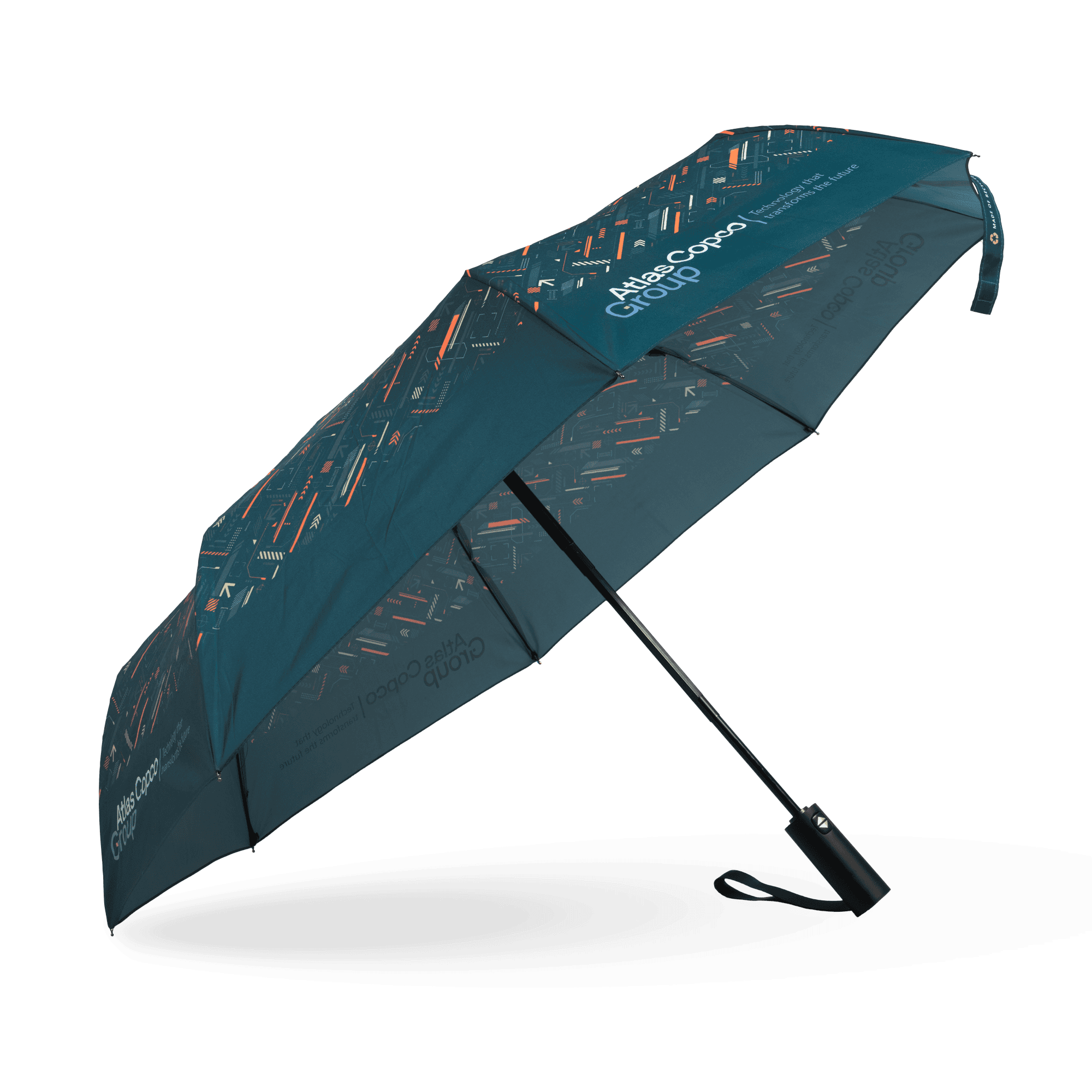 atlas copco group teal umbrella with logo and pattern