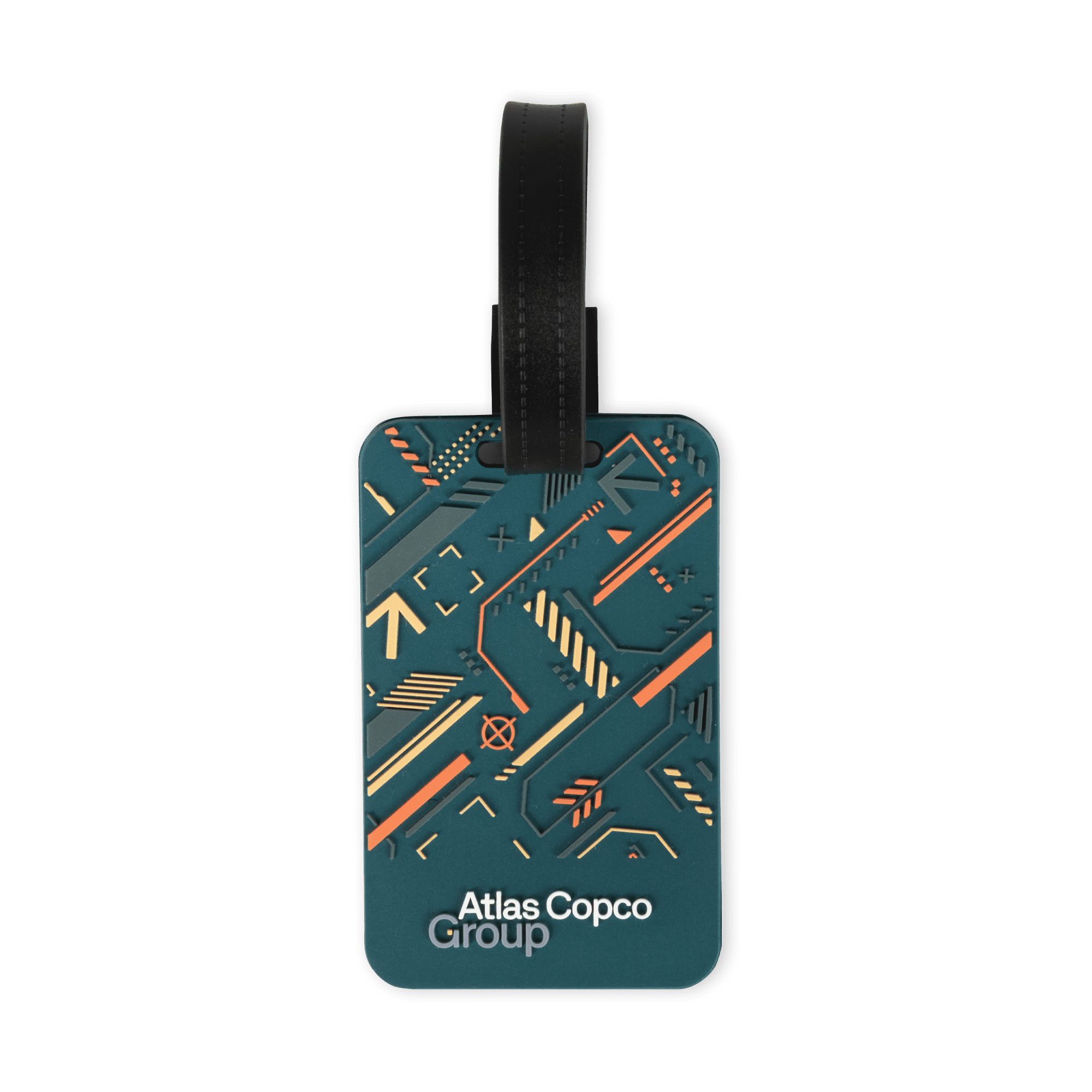 luggage tag with atlas copco group logo and pattern