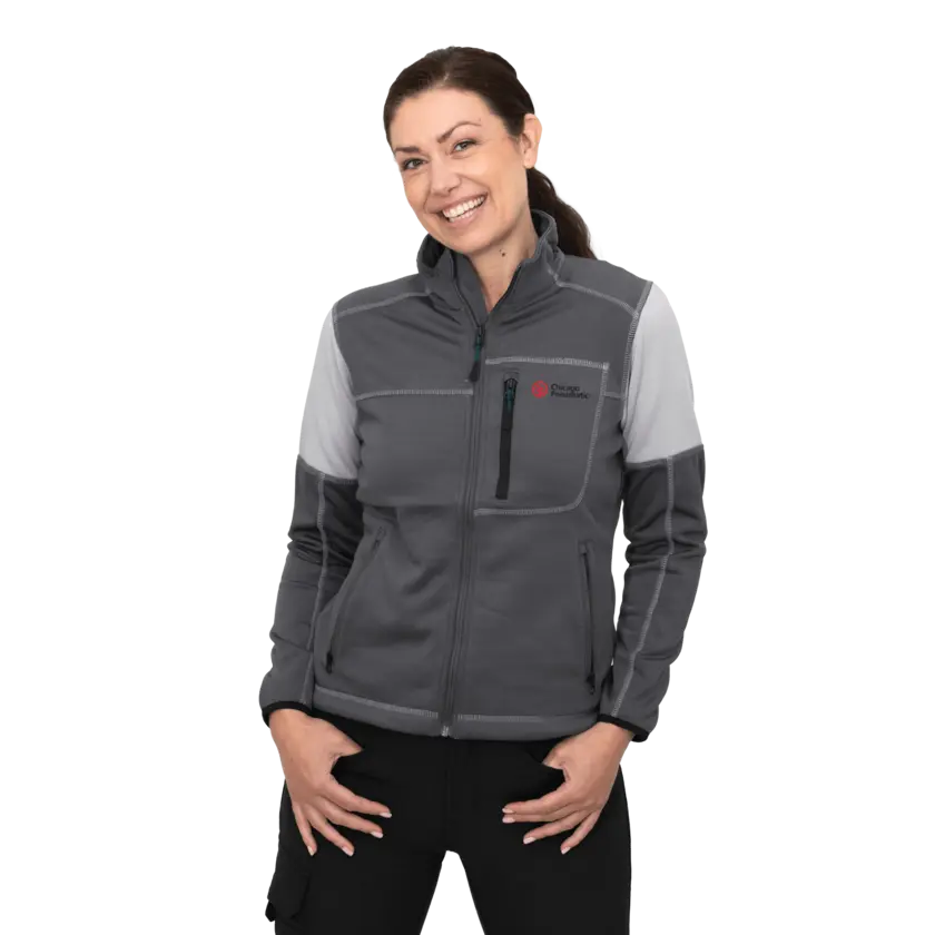 grey work fleece on female model