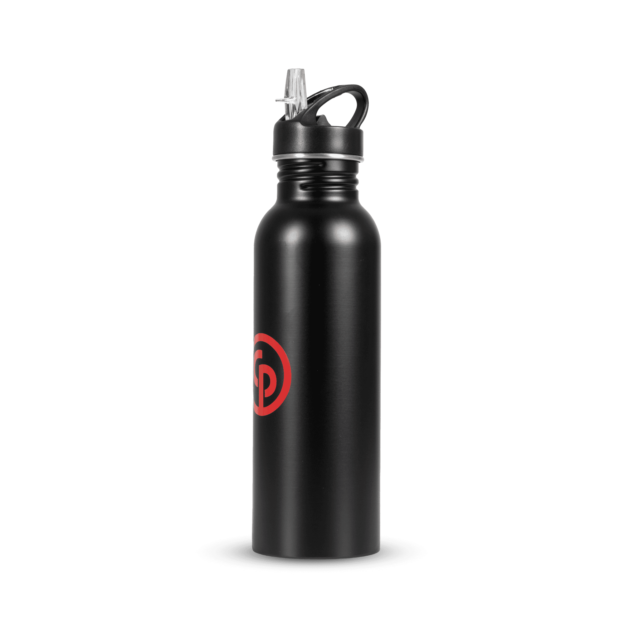 black water bottle with chicago pneumatic logo in red from side