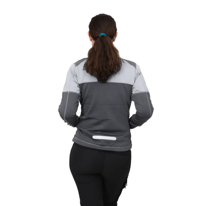grey work fleece on female model from back