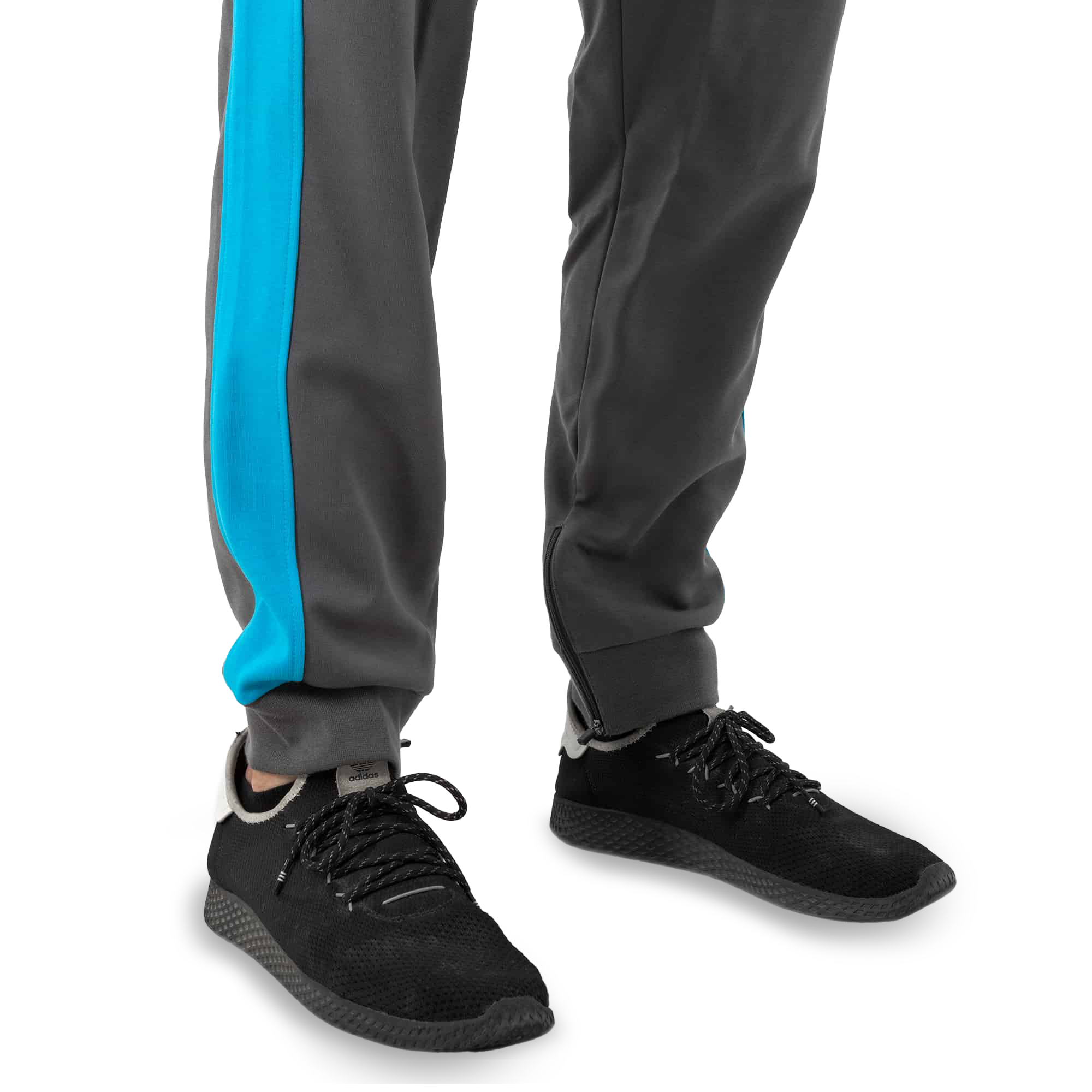 grey track suit pants with blue stripe 