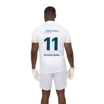 white soccer jersey clothes with atlas copco group logo back