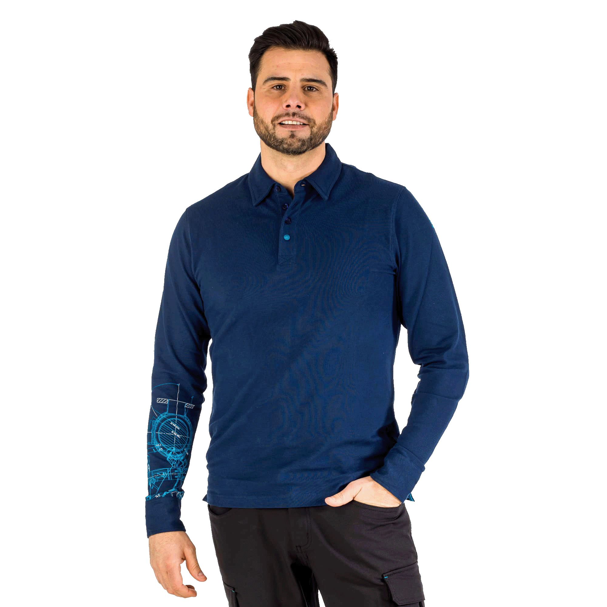 blue long-sleeve polo with blueprint pattern