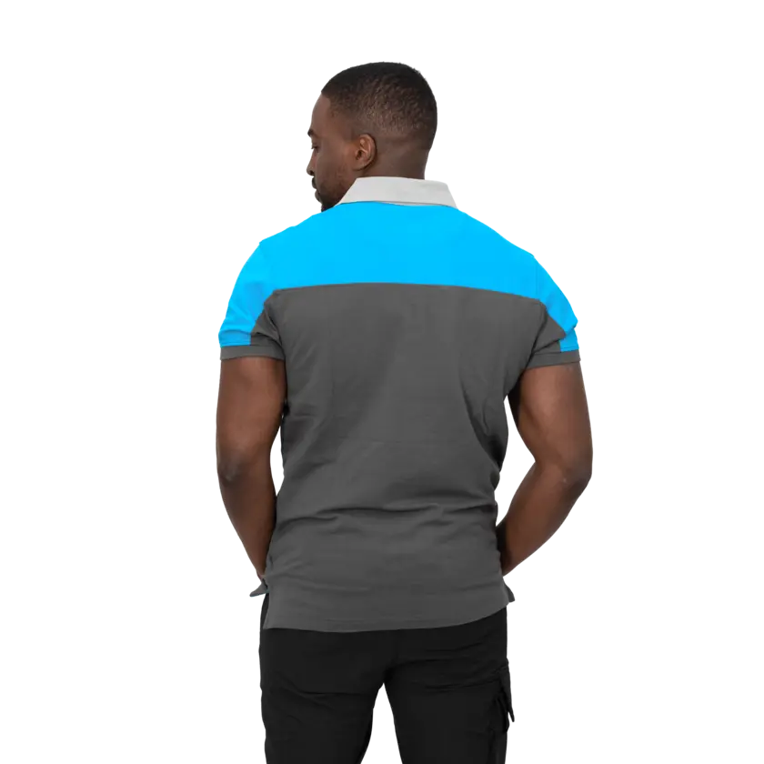 grey polo with blue shoulders