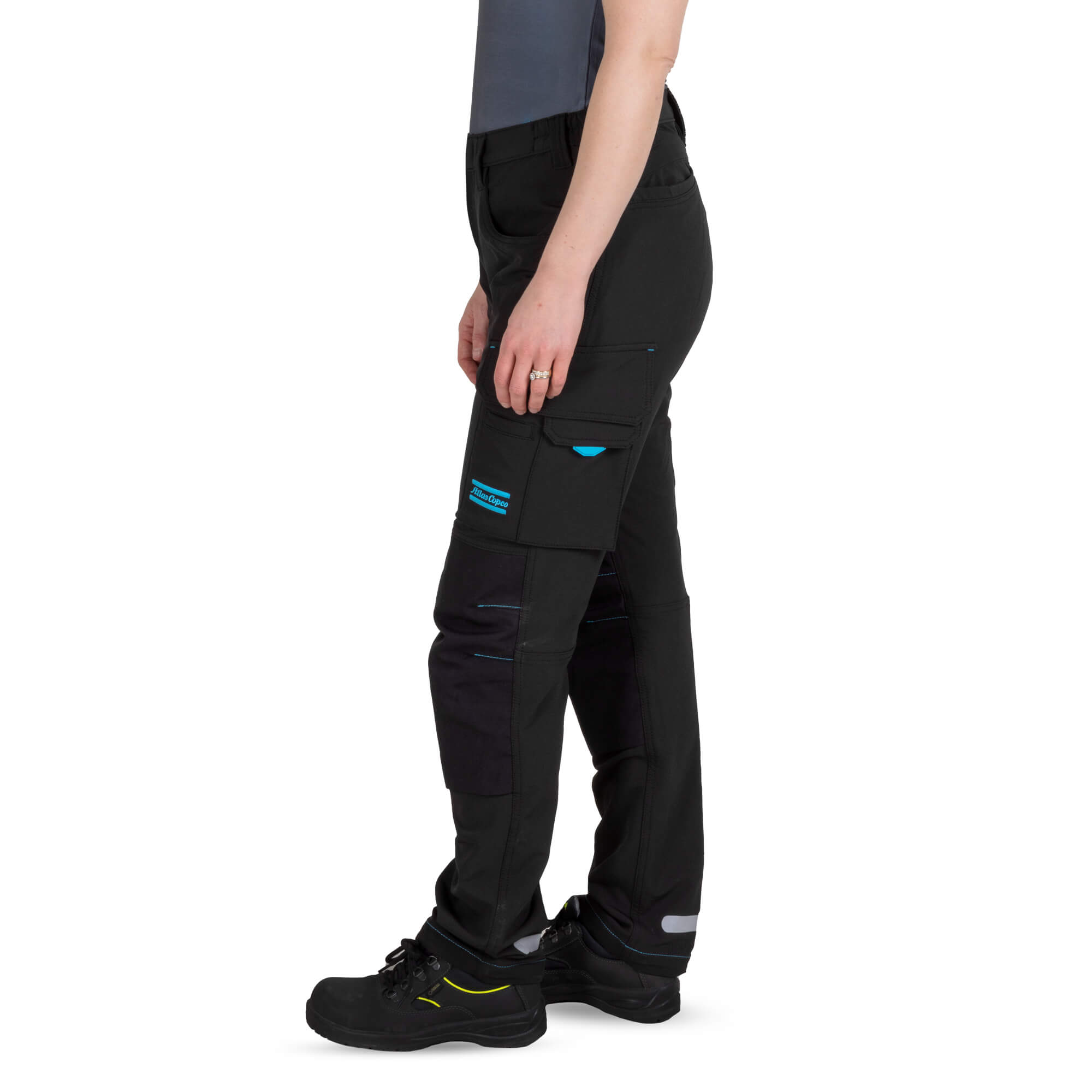 black workpants with blue atlas copco logo