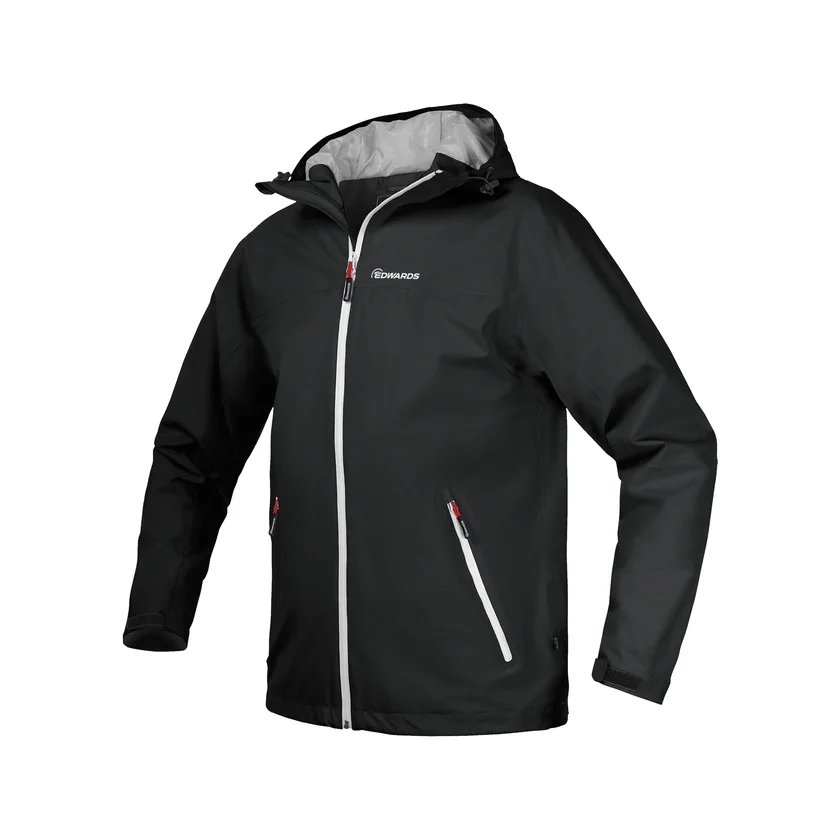 black winter jacket with white edwards logo