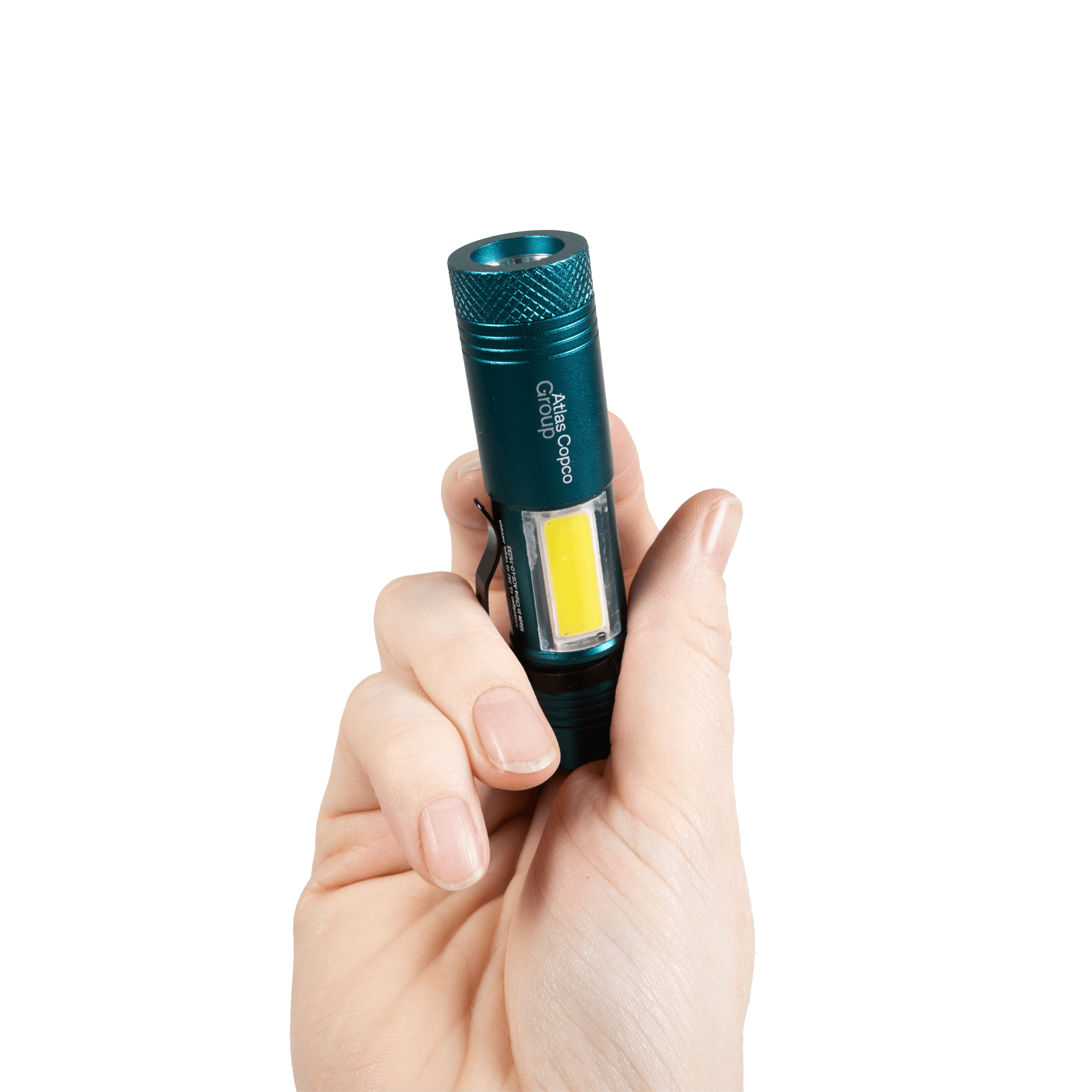 mini flash light with atlas copco group logo in one hand