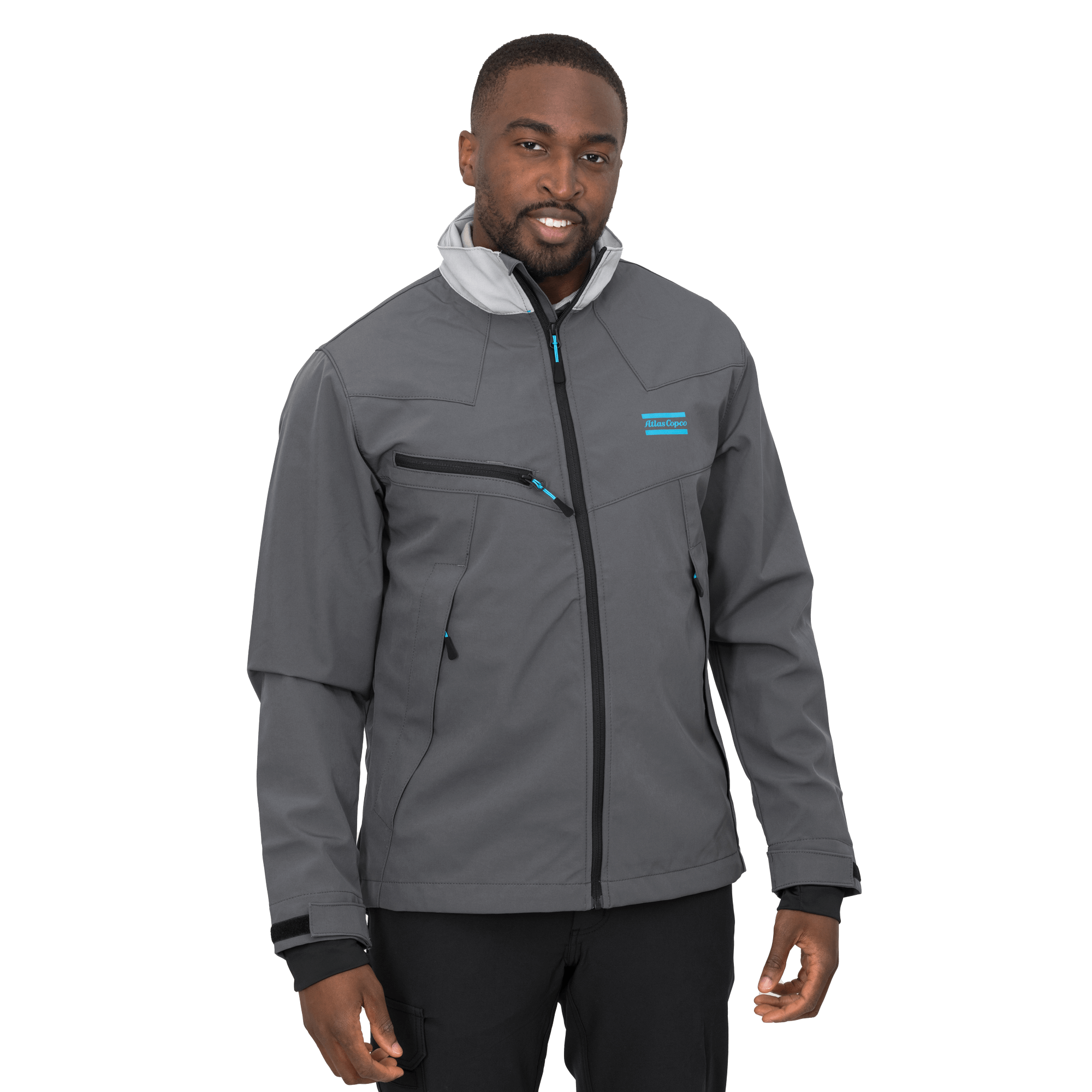 grey soft shell jacket with atlas copco logo in blue