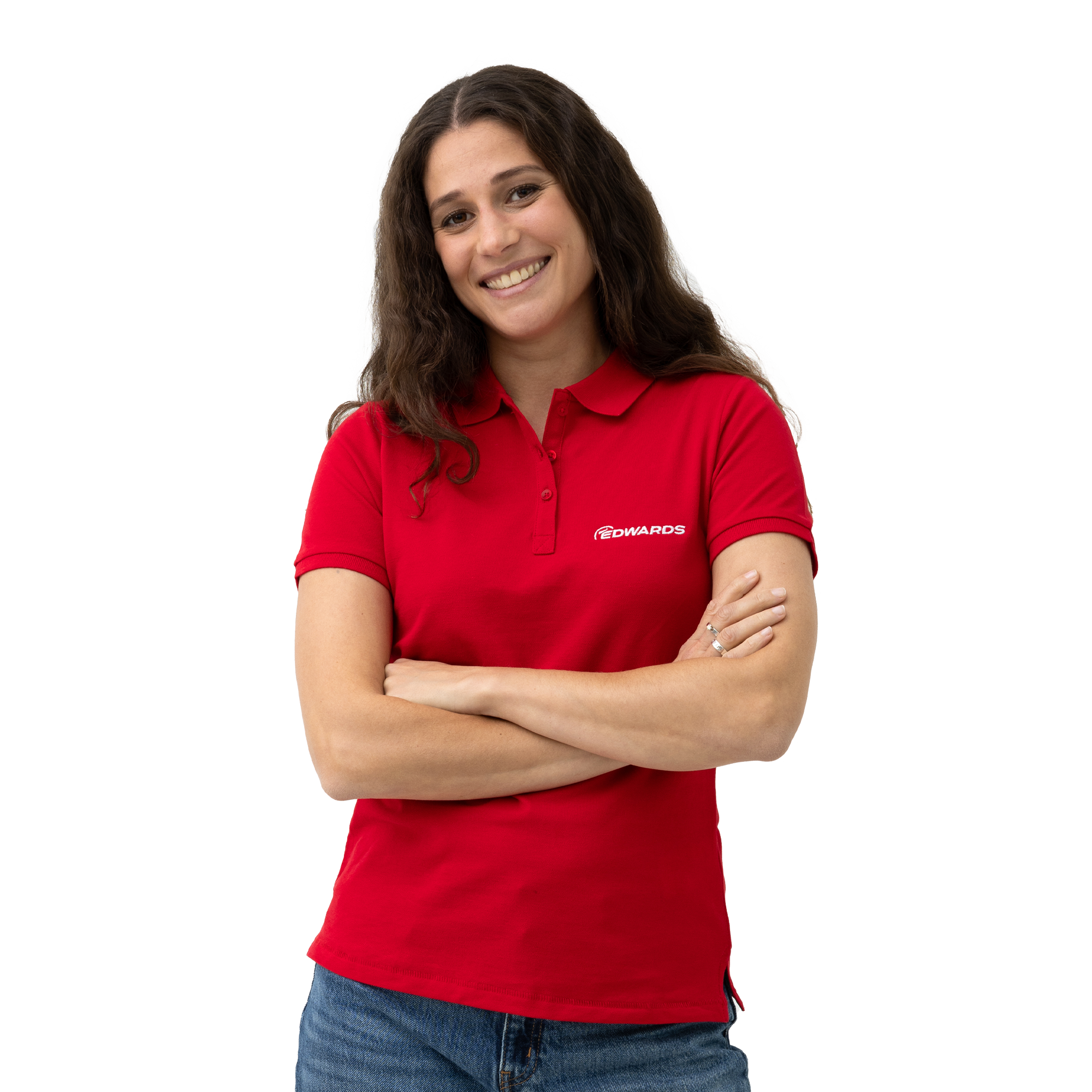 red polo shirt with white edwards logo on female model