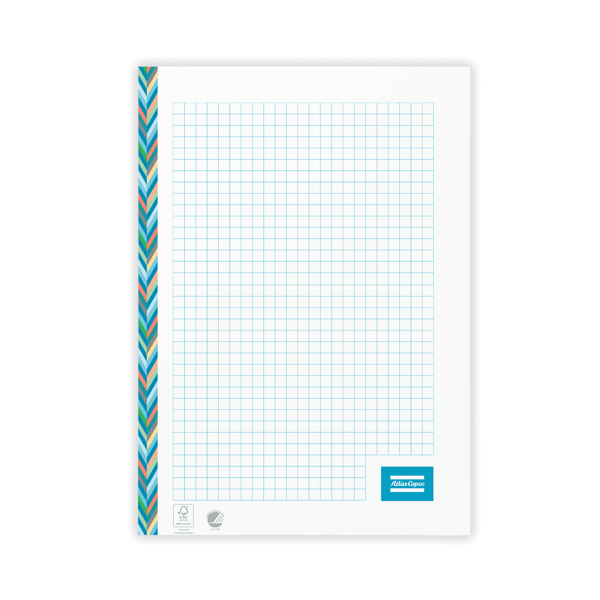 squared note pad with atlas copco logo and pattern